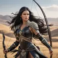 A warrior princess from the steppes, equipped with traditional leather armor adorned with intricate geometric patterns and metalwork, her long black hair flowing behind her in the wind, holding a bow and arrow ready for battle.