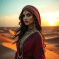 Desert queen with sun-kissed skin and kohl-rimmed eyes, adorned in jewel-toned silks and gold, atop a sand dune at sunset