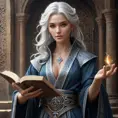 An ancient sorceress with silver hair reaching her waist, wearing robes that swirl with patterns of ancient runes and arcane symbols, her hands poised above an open tome as if preparing to cast a powerful spell.