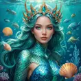 Mermaid queen with iridescent scales and seashell crown, emerging from turquoise waters surrounded by bioluminescent sea creatures