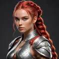 A warrior woman from a forgotten realm, clad in gleaming armor crafted from the scales of mythical beasts, her hair tied back in a fierce braid, with fiery red streaks running through it, facing forward with determination etched on her face.