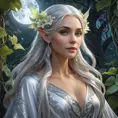 Elven queen with pointed ears and silver hair, dressed in flowing robes of living vines and flowers, in a mystical moonlit glade