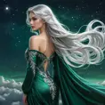 A captivating fantasy woman with long, flowing silver hair that cascades down her back like moonlight captured in silk, wearing intricate, shimmering robes of deep emerald green, set against a backdrop of starlit skies.