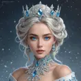 Regal ice queen with piercing blue eyes and frost-tipped hair, wearing a crystalline crown and a gown of swirling snowflakes