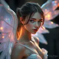 An ethereal fantasy heroine with delicate wings made of iridescent material, glowing with an inner light that casts shadows across her porcelain skin and highlights her striking violet eyes.