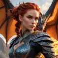 A fierce dragon rider, clad in leathers that are intricately designed to resemble the scales of a real dragon, with fiery red hair tied back defiantly, and eyes burning with inner fire.