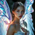 An ethereal fantasy heroine with delicate wings made of iridescent material, glowing with an inner light that casts shadows across her porcelain skin and highlights her striking violet eyes.