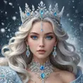 Regal ice queen with piercing blue eyes and frost-tipped hair, wearing a crystalline crown and a gown of swirling snowflakes