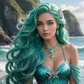 A mermaid queen with long, cascading seafoam green hair that frames her delicate face and cascades around her in soft waves, dressed in a regal trident necklace and shimmering ocean-blue tail feathers.