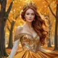 Autumn princess with auburn hair crowned by golden leaves, her dress a swirl of fall colors, in a forest of red and orange trees