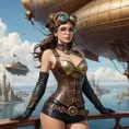 Steampunk princess in a brass and leather corset, goggles atop her head, standing on the deck of a floating airship city