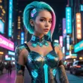 Futuristic cyber-princess with neon hair and glowing tattoos, wearing a holographic dress in a neon-lit megacity