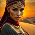 Desert queen with sun-kissed skin and kohl-rimmed eyes, adorned in jewel-toned silks and gold, atop a sand dune at sunset