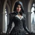 A stunning Assassin's Creed woman in a gothic vampire castle, her outfit a dark, elegant blend of Victorian mourning attire and lethal assassin weapons, the moon casting eerie shadows.