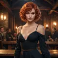 Fringilla Vigo, the cunning and seductive sorceress, with short, curly red hair and a revealing black dress, standing in a dimly lit tavern