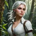 Ciri from The Witcher 3 standing in a lush, enchanted forest, with magical creatures swirling around her, her expression calm yet ready for action.