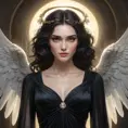 A romantic and dreamy portrait of Morgana, the Fallen Angel, with a flowing black dress and a halo of light