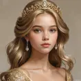 A young princess with hair the color of spun gold, her delicate features accented by a tiara of gleaming platinum, her expression a blend of wisdom and innocence as she surveys her domain.