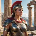 A highly detailed and realistic portrait of Kassandra from Assassin's Creed Odyssey, dressed in her iconic Spartan armor, standing against a backdrop of ancient Greek ruins, with a confident and fierce expression.