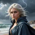 Ciri on a stormy beach, waves crashing around her, her hair and cloak billowing in the wind, her eyes focused on a distant, lightning-struck shipwreck