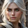 A close-up of Ciri from The Witcher 3, her face determined and focused, with her white hair framing her face, set against a backdrop of an ancient, ruined castle.