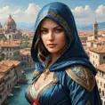 A stunningly beautiful woman from Assassin's Creed, rendered in the style of a Renaissance painting, with intricate details of her assassin outfit and a background of a bustling Italian city during the 15th century.