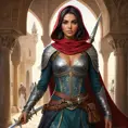 Layla Hassan, the Assassin of the Crusades, with a medieval Arabic outfit and a scimitar