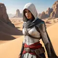 Visualize a beautiful Assassin's Creed character in a desert oasis, her attire reflecting both the nomadic styles of the region and advanced stealth technology, with a mirage shimmering in the distance.