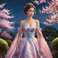 A princess with skin as smooth as porcelain, dressed in a gown of cherry blossoms, standing in a garden where the flowers bloom in vibrant colors under a twilight sky.