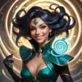 A dramatic rendering of LeBlanc, the Magical Mimic, with a mischievous grin and a swirling vortex of magic