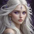 A mystical, ethereal woman with long, flowing white hair and piercing violet eyes, inspired by the ancient magic of the Continent