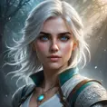 An ethereal depiction of Ciri from The Witcher 3, surrounded by swirling mists and spectral lights, her eyes glowing with mystical power, in a dreamlike environment.