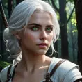 A stunningly detailed portrait of Ciri from The Witcher 3, with her white hair flowing, fierce green eyes, and her signature scar across her cheek, standing in a dark forest with mystical blue light surrounding her.