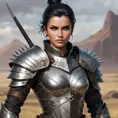 A fierce and beautiful warrior, inspired by the Nilfgaardian army, with short, spiky black hair and piercing brown eyes, standing in a battle-ready pose