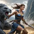 A dramatic action scene of Kassandra, the fierce Spartan warrior, engaged in a brutal battle against a towering mythological creature, her determination and skill shining through.