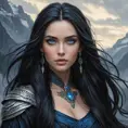 A beautiful, mysterious woman with long, raven-black hair and piercing blue eyes, inspired by the Wild Hunt