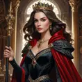 A majestic queen in a dress of deep scarlet, her shoulders draped in a cloak of shimmering black velvet, a scepter of carved ebony in her hand as she stands tall and proud, her eyes reflecting the strength and determination that has made her a formidable ruler.