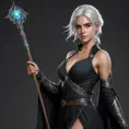 Ciri, the sorceress, with a flowing black dress and a staff in hand