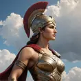 A majestic, larger-than-life statue of Kassandra, the Spartan warrior, standing tall and proud, her gaze fixed on the horizon, symbolizing the enduring legacy of her heroic deeds.