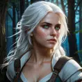 A stunningly detailed portrait of Ciri from The Witcher 3, with her white hair flowing, fierce green eyes, and her signature scar across her cheek, standing in a dark forest with mystical blue light surrounding her.