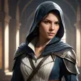 a graceful, agile female protagonist from the Assassin's Creed franchise, with striking features and a determined expression, in a cinematic, dramatic lighting