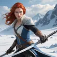 A beautiful woman, reminiscent of Ciri, with fiery red hair and piercing blue eyes, wielding a silver sword, her expression fierce and determined, standing on a snow-covered battlefield