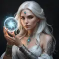 A fantasy portrait of a sorceress, inspired by the Witcher universe, with flowing white hair, intricate tattoos on her arms, and a captivating gaze, holding a glowing orb in her hand