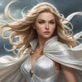 A serene and peaceful image of Janna, the Storm's Fury, with a flowing white cloak and a gentle breeze