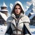 A breathtaking Assassin's Creed woman in a snowy Russian tundra, her attire a blend of fur-lined winter gear and advanced cold-weather assassin technology, with a distant igloo village in the background.