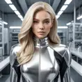 Polaris in a sleek silver jumpsuit, her long blonde hair styled in a futuristic bob, standing in a high-tech laboratory