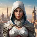 a female Assassin from the Assassin's Creed universe, with a striking, otherworldly beauty and a sense of grace and power, rendered in a highly stylized, surreal style