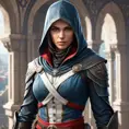 a beautiful, skilled female Assassin from the Assassin's Creed series, with a commanding presence and a complex, multi-layered character, in a visually stunning, hyper-detailed environment