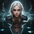 Ciri in a dark, cavernous underground lake, the water illuminated by glowing crystals, her reflection clear in the still water, her expression contemplative