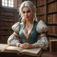 Ciri in a library of ancient, magical tomes, the air thick with dust and the glow of enchanted books, her hand resting on a large, ancient grimoire